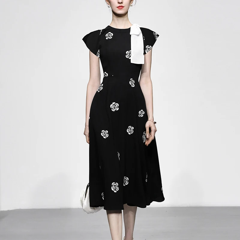 

Summer Woman Dress Traf 2023 Black Dresses Vintage Elegant Office Work Round Neck Waist Slim Embroidered Bow Tie Long Dress