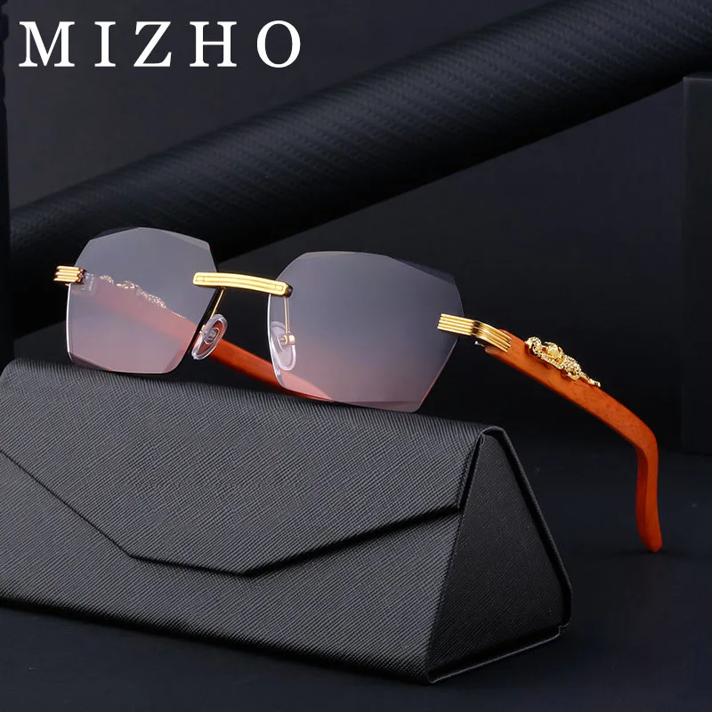 

MIZHO Rectangle Rimless Sunglasses Men Wooden Frame Eyewear Luxury Brand Design Leopard Square Sun Glasses for Male Traveling