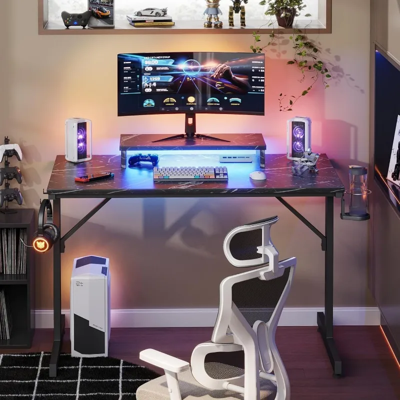 Small Gaming Desk with Monitor Stand, 42 inch LED Computer Desk, Gamer Workstation with Cup Holder & Headset Hooks