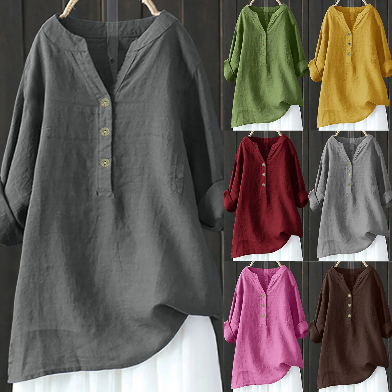 

Summer Long Sleeved Baggy Tunic Shirt Vintage Button Loose Long Sleeved Blouses Solid Color V Neck Casual Fashion Linen Shirt