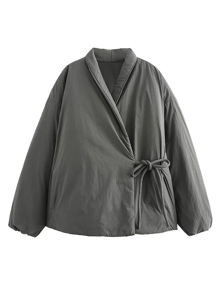 Casual Gray Lace Up Coat Women Cotton V-neck Luxury Pocket 2024 Autumn Thick Jackets Female Chic Street All-match Outwear Tops 3