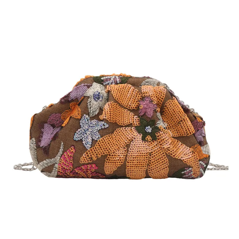 Borsa da sera per donna Borse con design a catena con paillettes Elegante pochette per banchetti Borsa in lino floreale Borse da polso da donna Portafoglio da donna - immagine 5