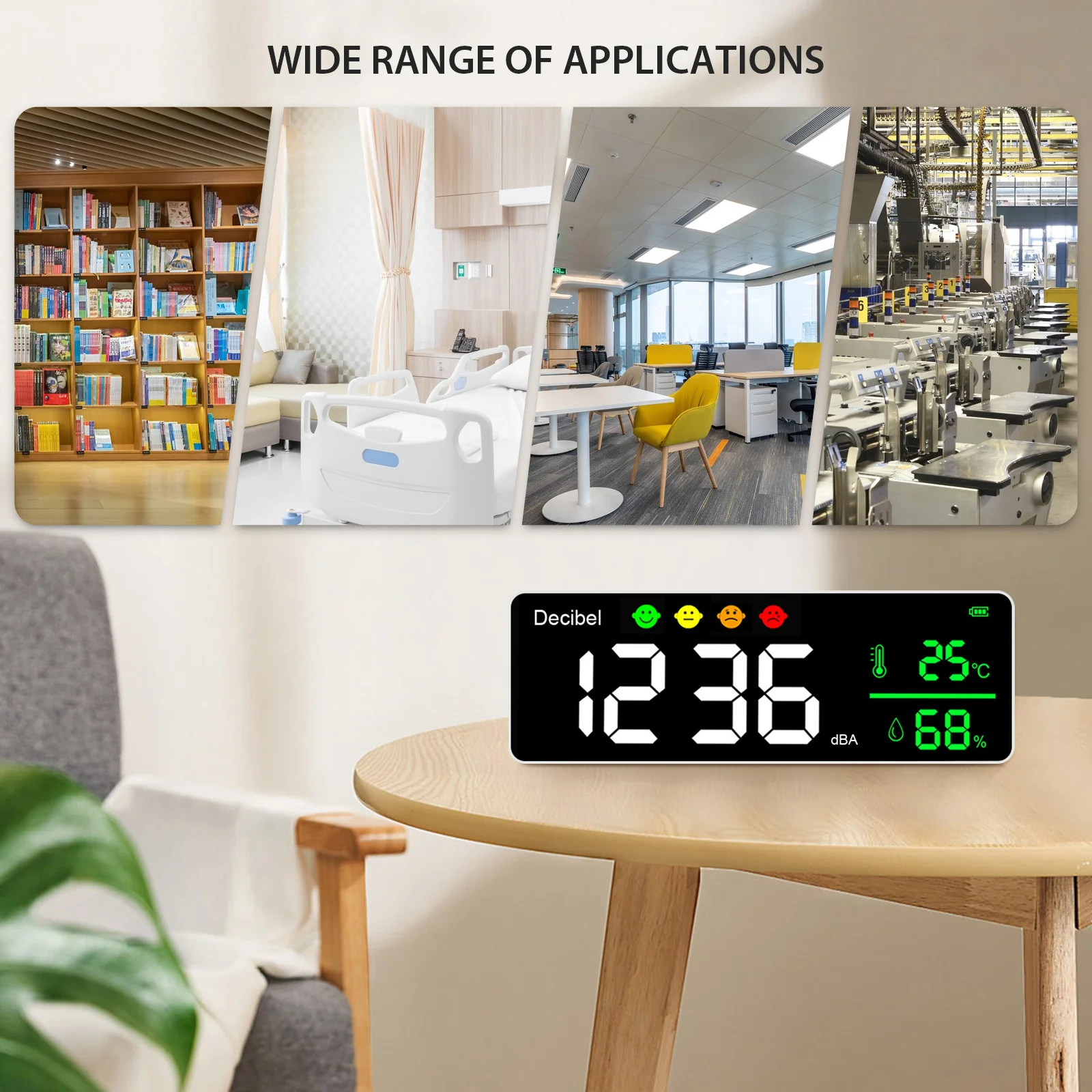 Decibel Sound Level Meter 11 inch Large LED Display Noise Temperature Humidity Meter with Alarm Icons Indicator Multi-function 4