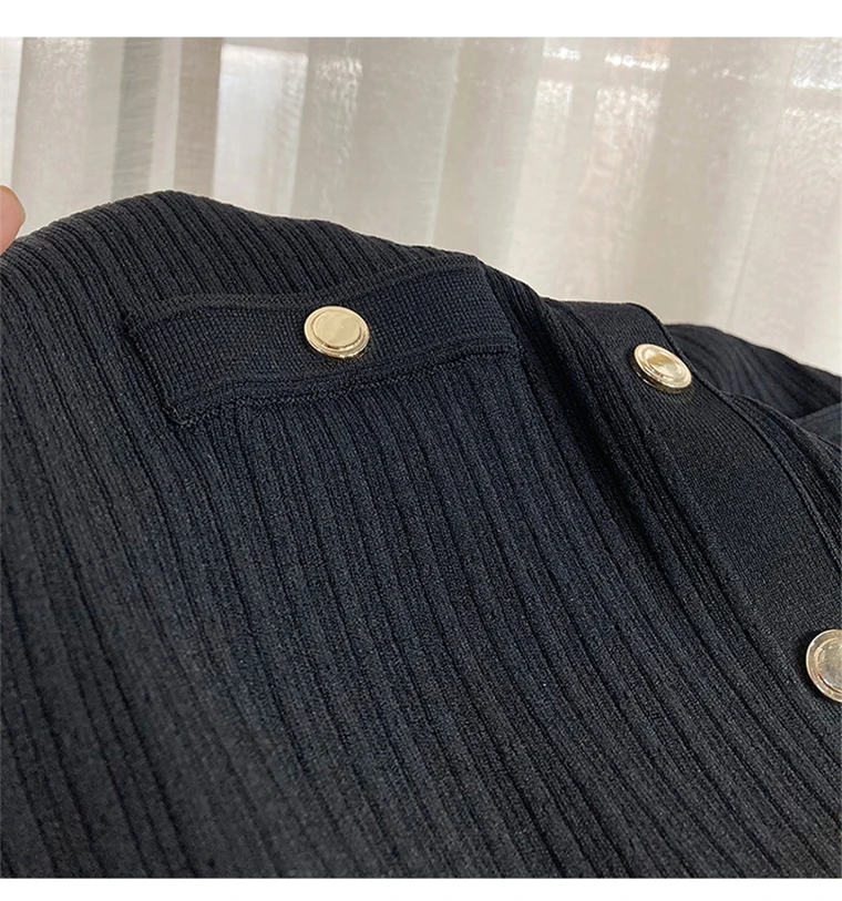 Autumn Elegant Knitted Dresses for Women Patchwork V-neck Puff Sleeve Single Breasted Midi Dress Fashion Ladies Vestidos Femme