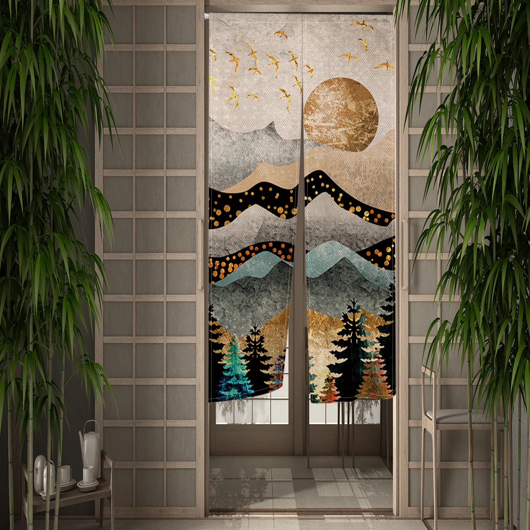 Chinese Traditional Landscape Door Curtain Noren Ink Mountain Painting Kitchen Bedroom Japanese Hanging Entrance Doorway Curtain 2
