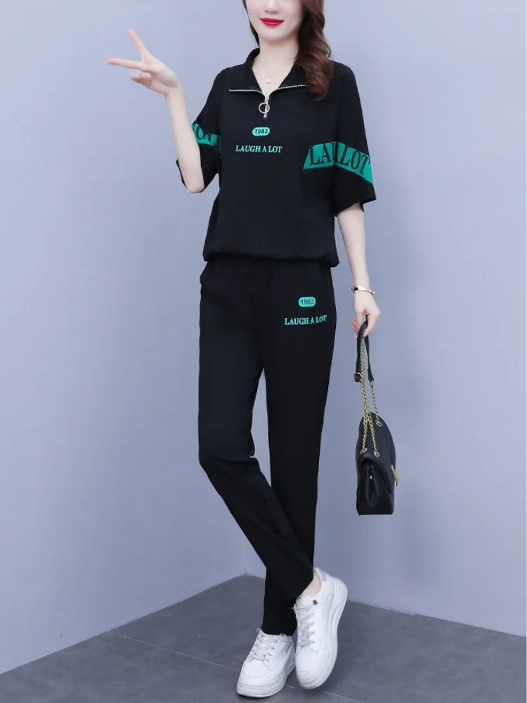 Summer Women's Casual Sports Suit Fashion Oversized Loose Versatile Lapel Short Sleeve T-shirt Straight Leg Pants Two Piece Set