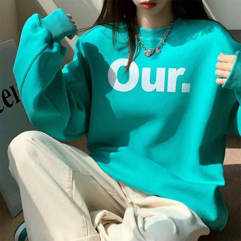 2023 Winter Korean High Street Fashion Letter Print Sweatshirt Women Streetwear Oversized Pullover Thicken Fleece Hoodie Clothe