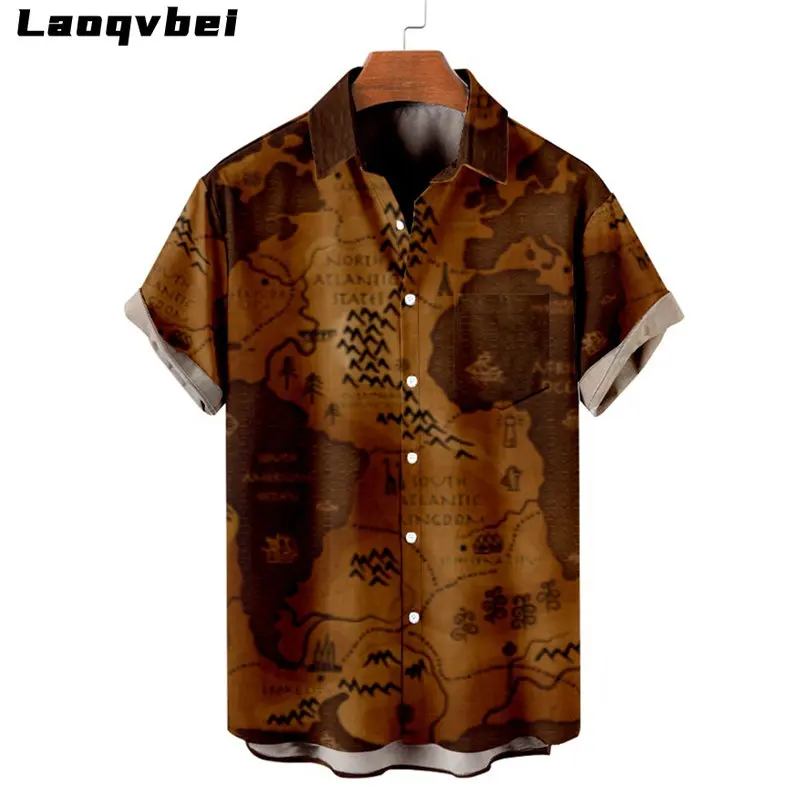 

Vintage Map Printed Fashion Loose Short Sleeve Pocket Shirt Men's Hawaiian Shirt Oversized Summer Beach Shirt