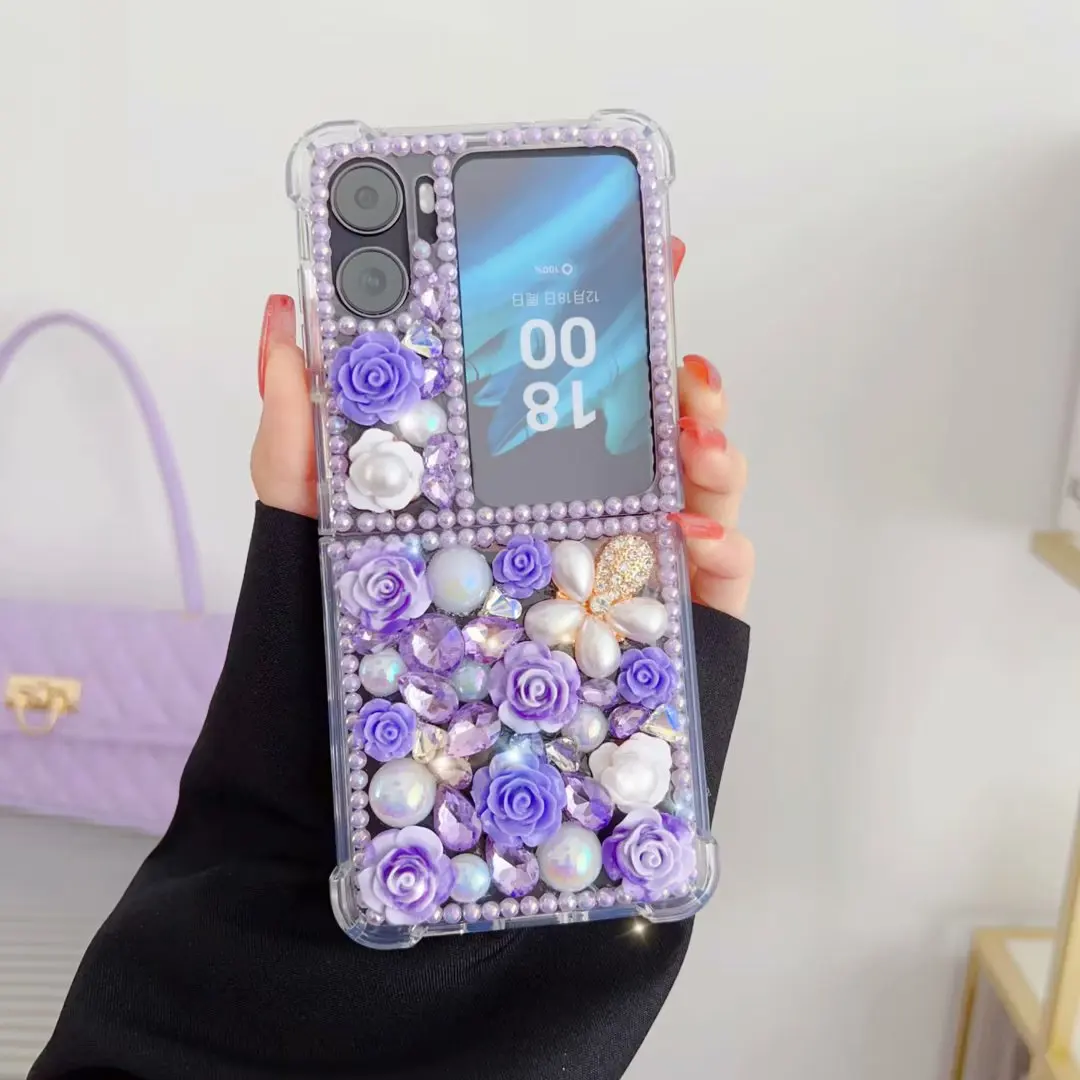 Luxury Diamond Sparkle Gems Crystal Bling Flower Bracciale Chain Case Per Oppo Find N2 Flip Cover