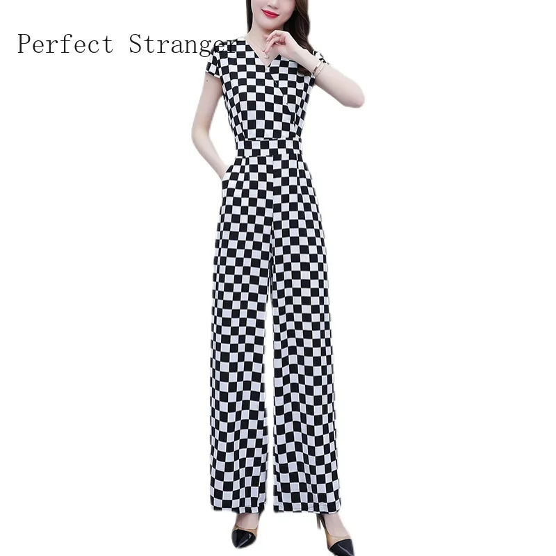 Summer Ladies' Wide Leg One-piece Pants Temperament Commuter Lantern Short Sleeve V-neck Houndstooth Jumpsuit
