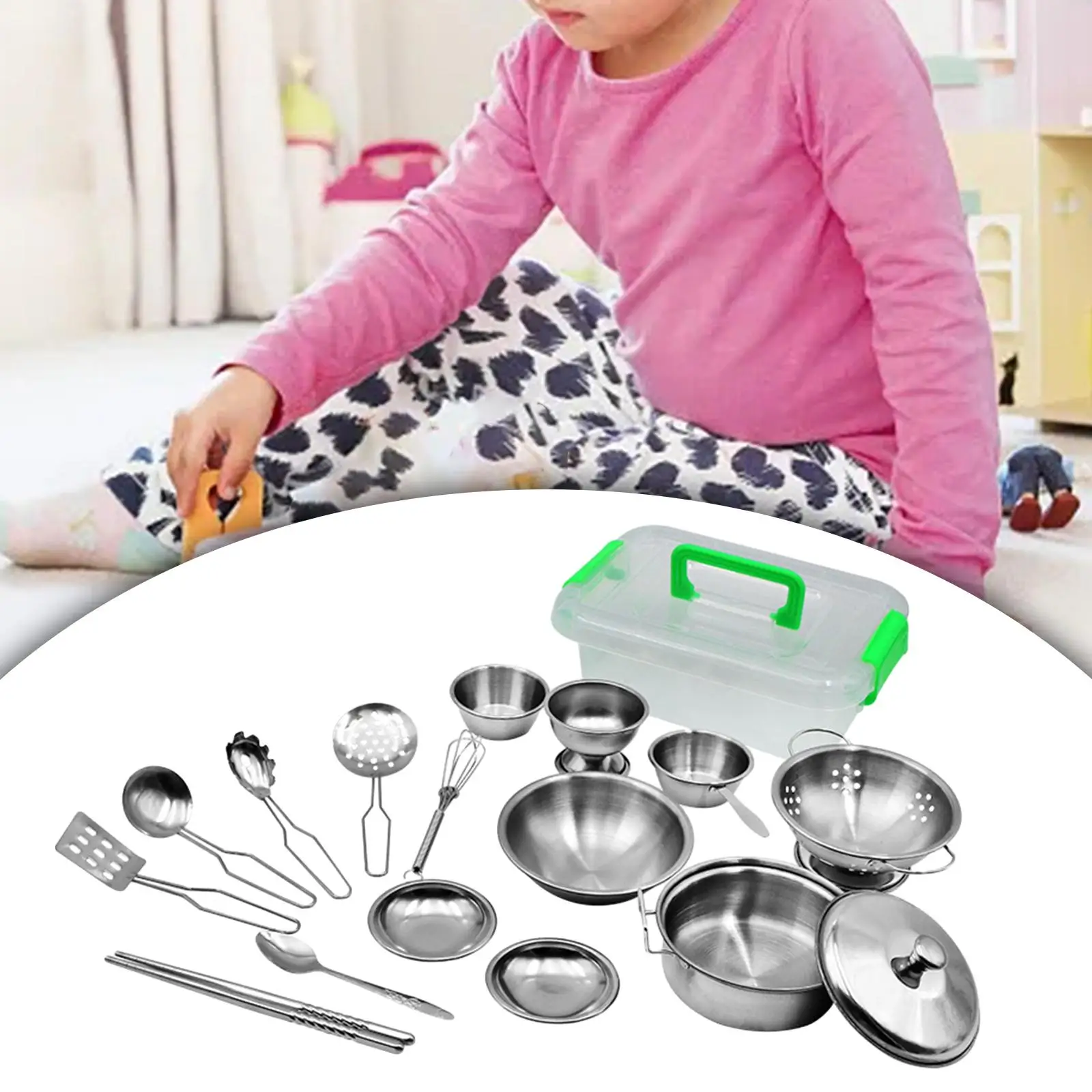 17Pcs Pretend Play Kitchen Toys Cookware Mini Stainless Steel Cookware Playset for Kids Party Favor Preschool Ages 3+ Years Old