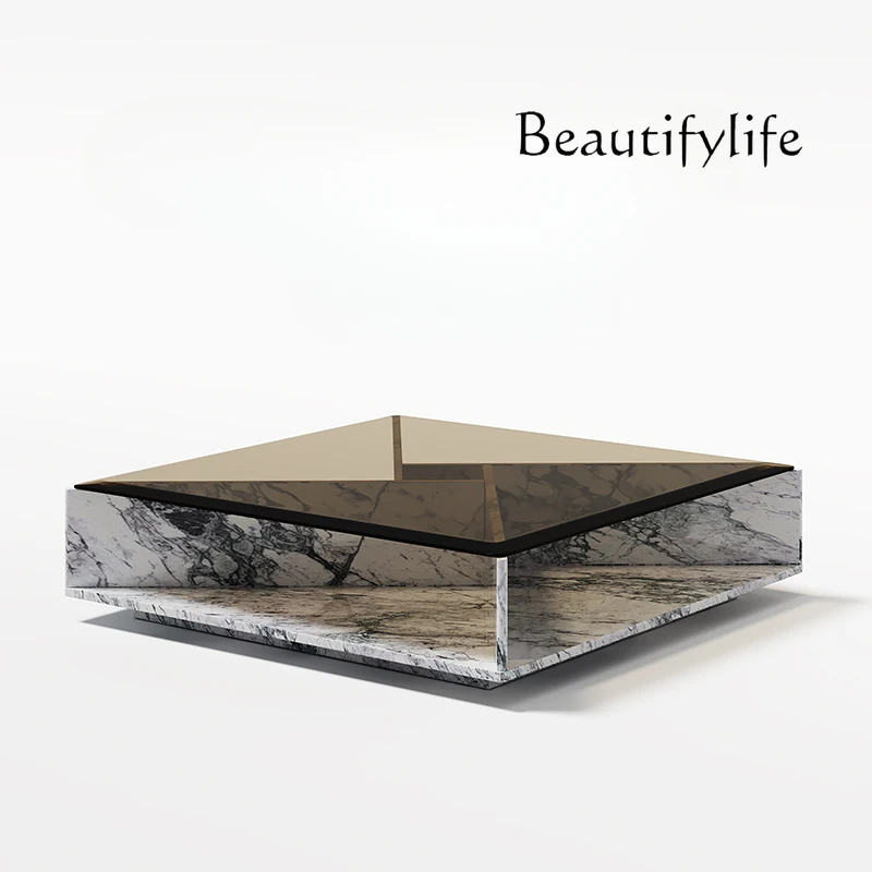 

Natural Marble Tea Table Retro Tempered Glass Small Apartment Stone Plate Square Tea Table