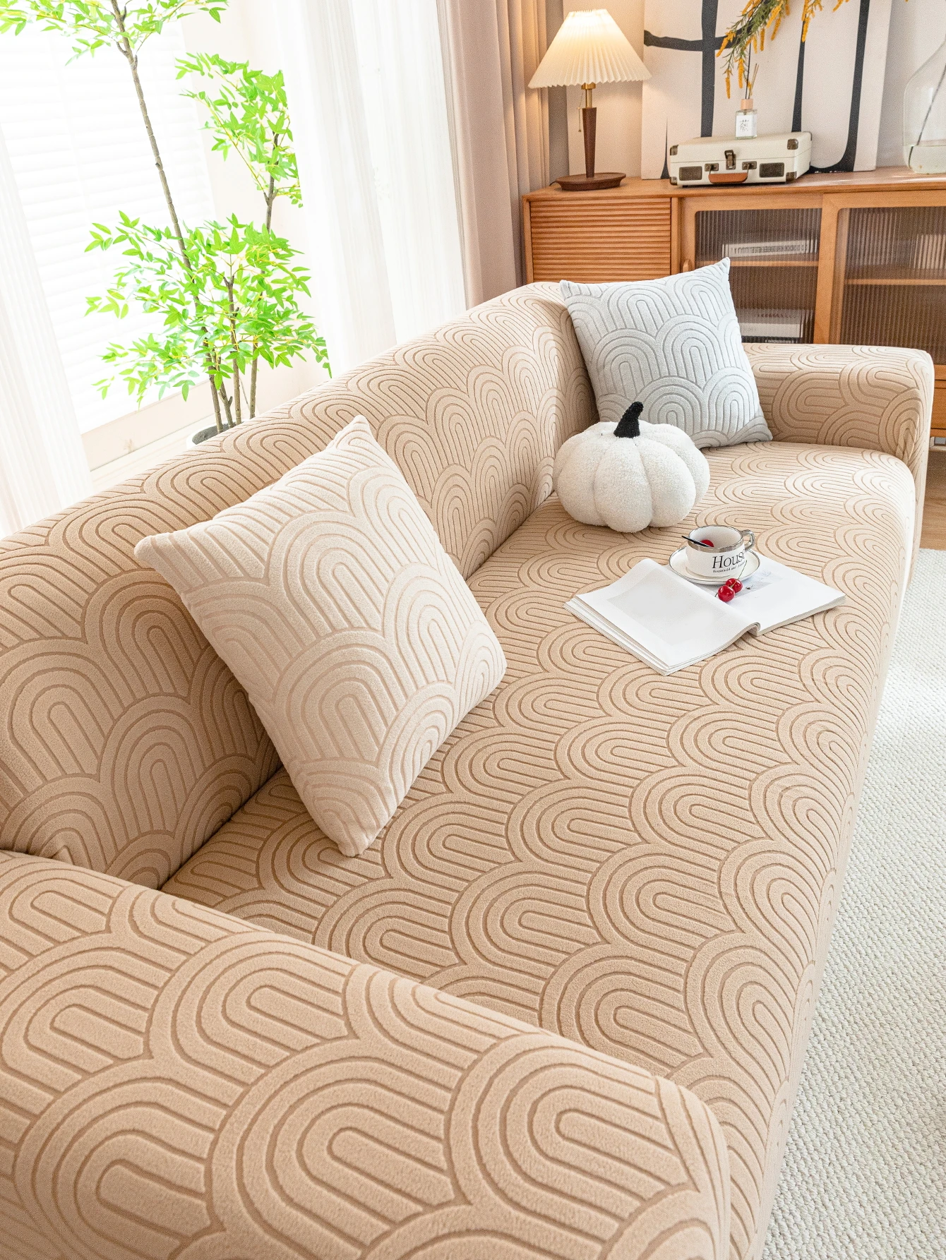 1PC Solid Stretch Sofa Cover – Spandex Polyester Jacquard Arch Non-Slip Soft Couch Cover,Washable Furniture Protector with Non-Slip Foam&Elastic Bottom for Kids Pets,Living Room Decor 4