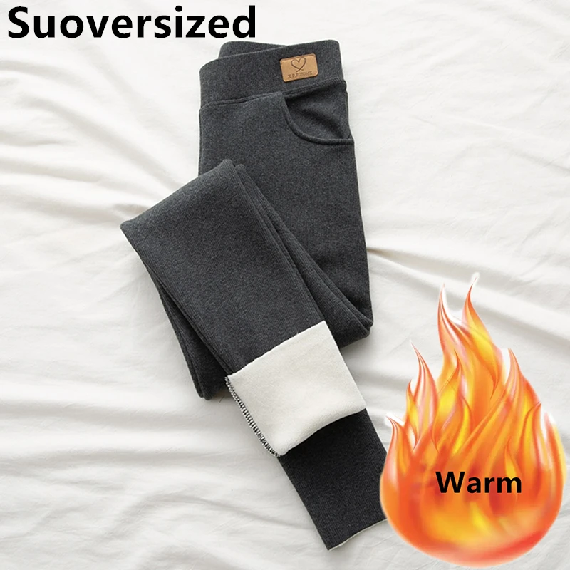 Winter Thicken Lambswool Pocket Leggings For Women Korean High Waist