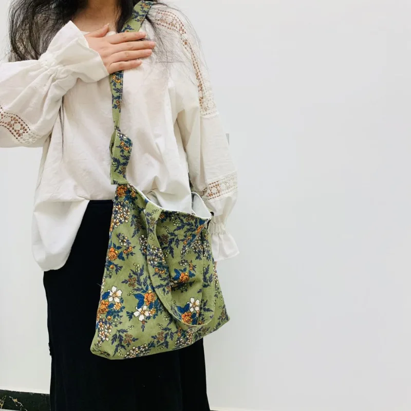 Corduroy Floral Retro Cloth Bag Shoulder Bag Crossbody Bag Fresh Women's Bag Horizontal Zipper