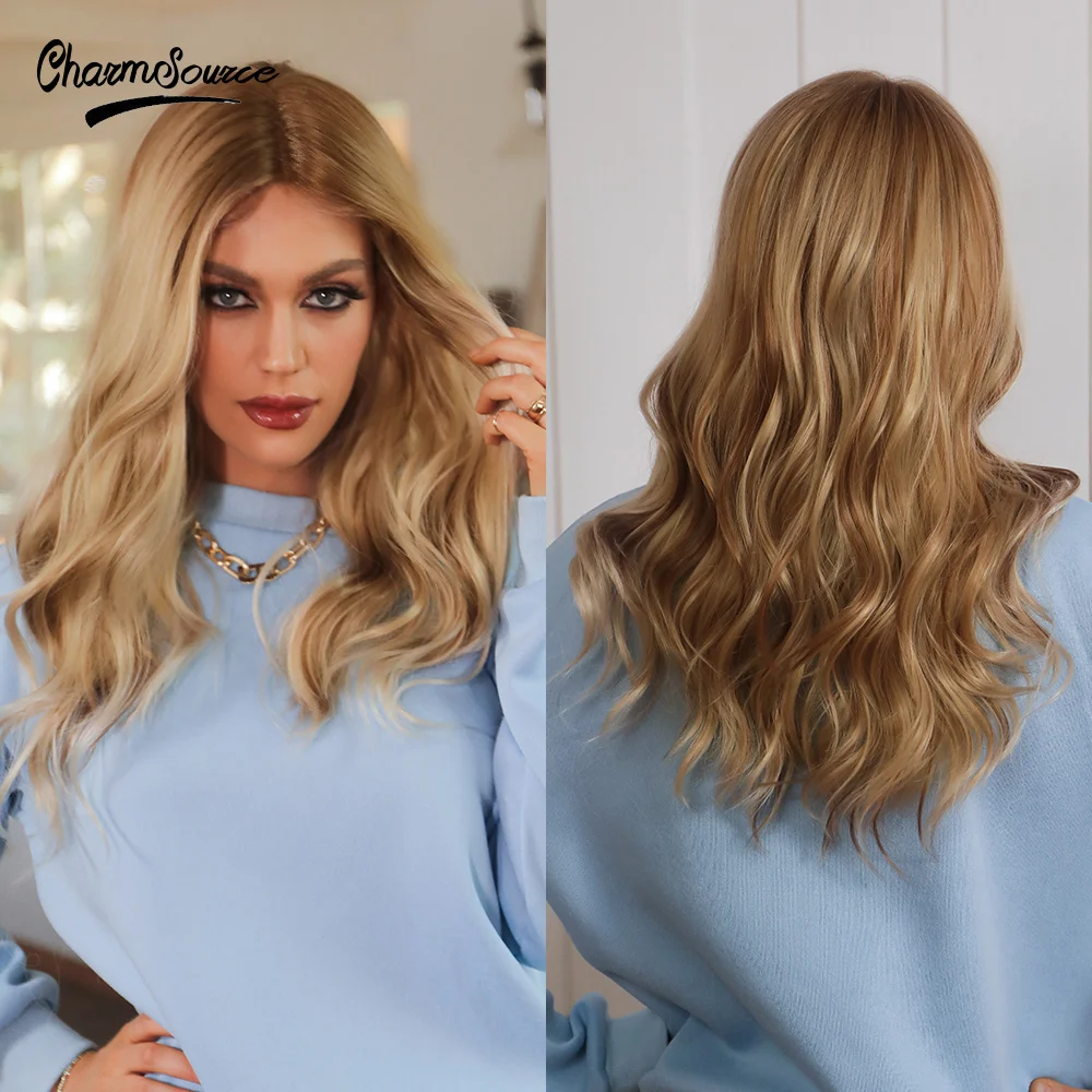 

CharmSource Front Lace Wigs Long Highlight Blonde Hair Natural Wavy Synthetic Wig for Women Daily Party High Density