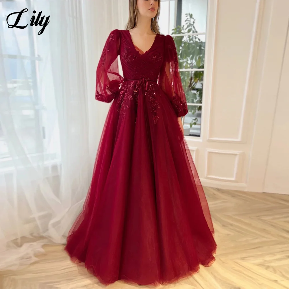 

Lily Burgundy Tulle A-Line Prom Dresses Long Sleeves V-Neck Sequin Appliques Lace Maxi Evening Party Gowns Formal Event Dresses