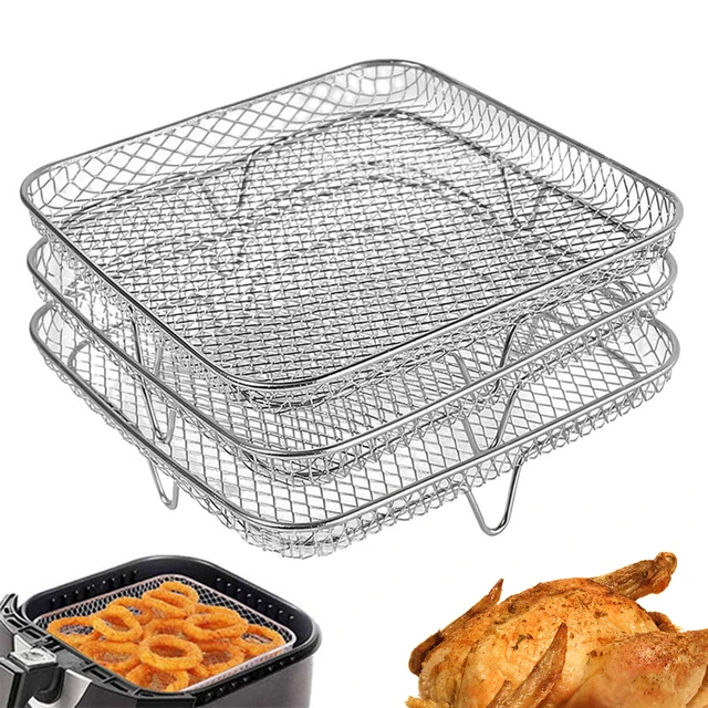 Griglie Impilabili Per Friggitrice Ad Aria - 3 Pezzi Acciaio Inox 19.8 Cm - Vassoio Multistrato Per Cuocere, Arrostire E Disidratare - Forma Rettangolare - Foto 5