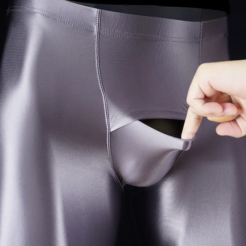 Glossy Men's Sexy Open Crotch Tight Yoga Leggings Satin Training Sports Pants Trousers