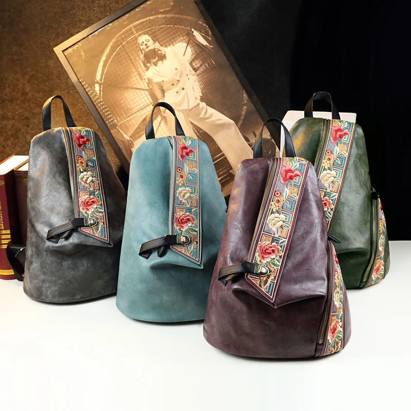 Retro Genuine Leathe Women Backpack Embroidered Design Ladies Bag Travel Backpacks Mother Anti-Theft Backpack Fashion Trend 3