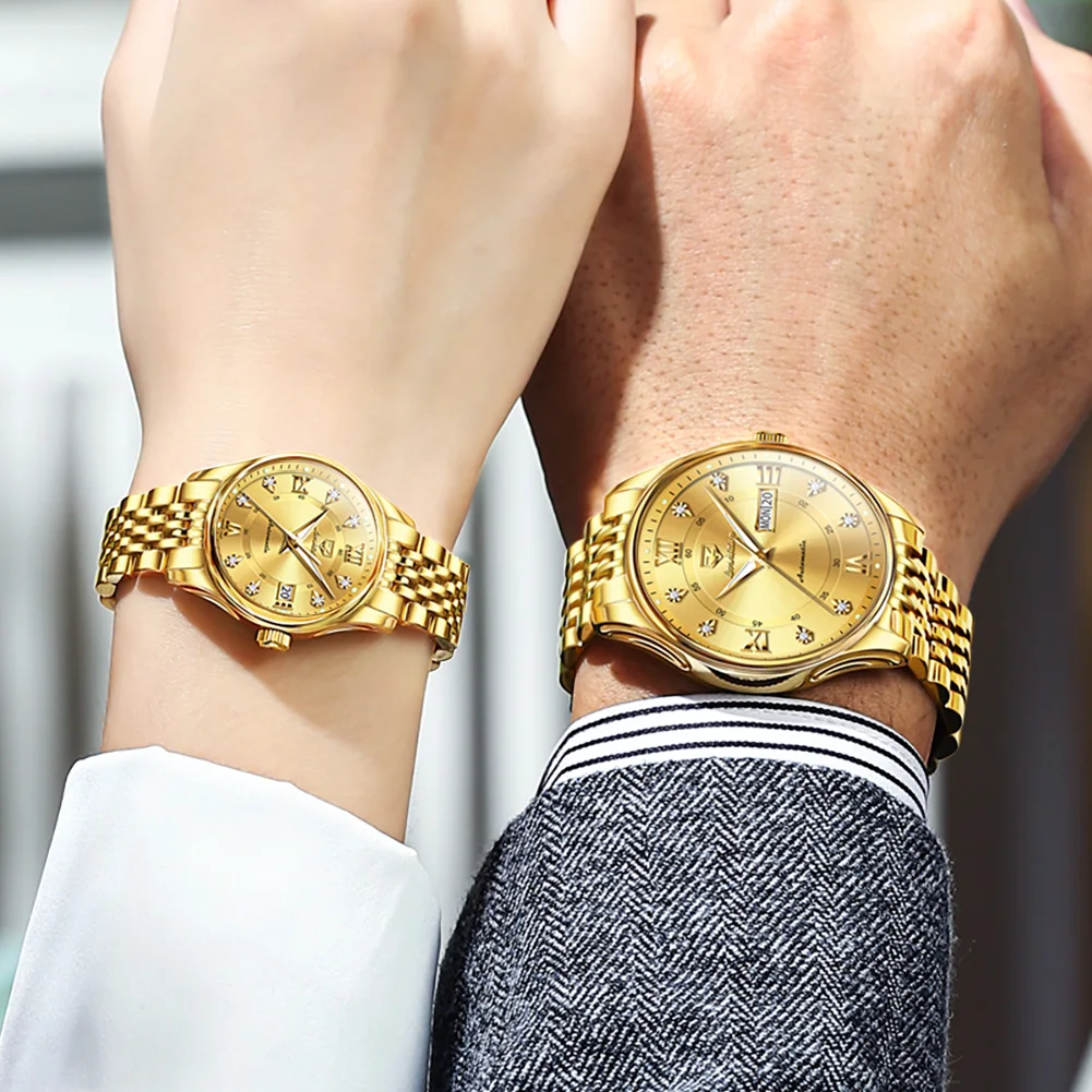 JSDUN 8939 Couple Watches Calendar Diamond Scale Original Automatic Mechanical Wristwatch Stainless Steel Waterproof Watches