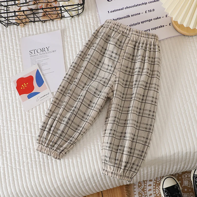 

Children's Casual Pants Korean Version Comfortable Loose Pants Spring and Autumn Checkered Striped Pants Sports Pants