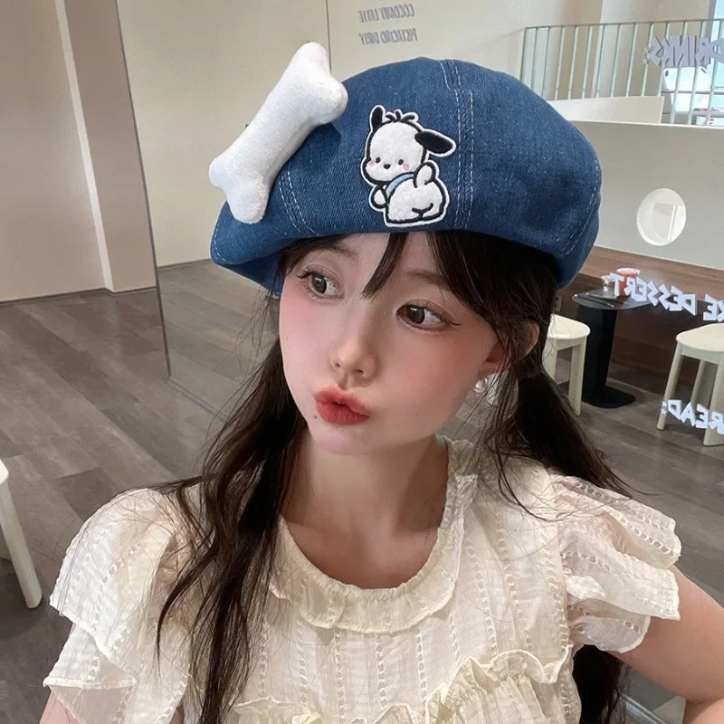 

Sanrio Pachacco Green Beret Women Autumn and Winter Sweet Cowboy Beret Leisure with Patchwork Fisherman Hat Literary Retro Hat