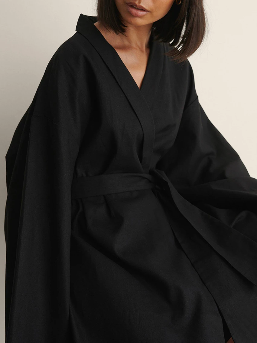 Marthaqiqi Loose Ladies Bathrobe Sexy V-Neck Sleepwear Long Sleeve Nightgowns Lace Up Robe Mini Dress Cotton Female Nightwear