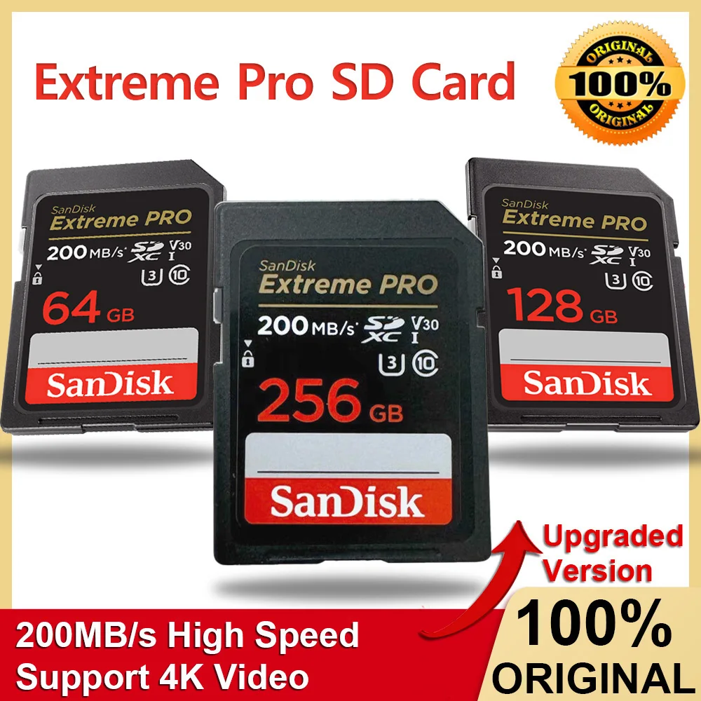 thumbnail image 1 of Tarjeta SD SanDisk Extreme PRO 512G 256G 128G 64G 32G U3 4k Lectura hasta 200 MB/s C10 V30 UHS-I SDHC / SDXC Tarjetas de memoria para cámara, 1 of 5
