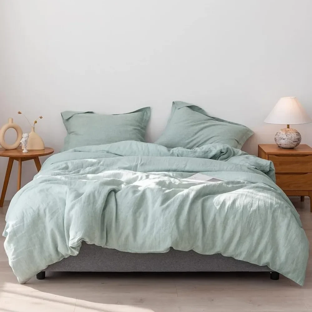 

100% Linen Duvet Cover Set Style Stone Washed Pieces1 Duvet Cover 2 Pillow Shams Button Closure Soft Breathable Mint Green,King