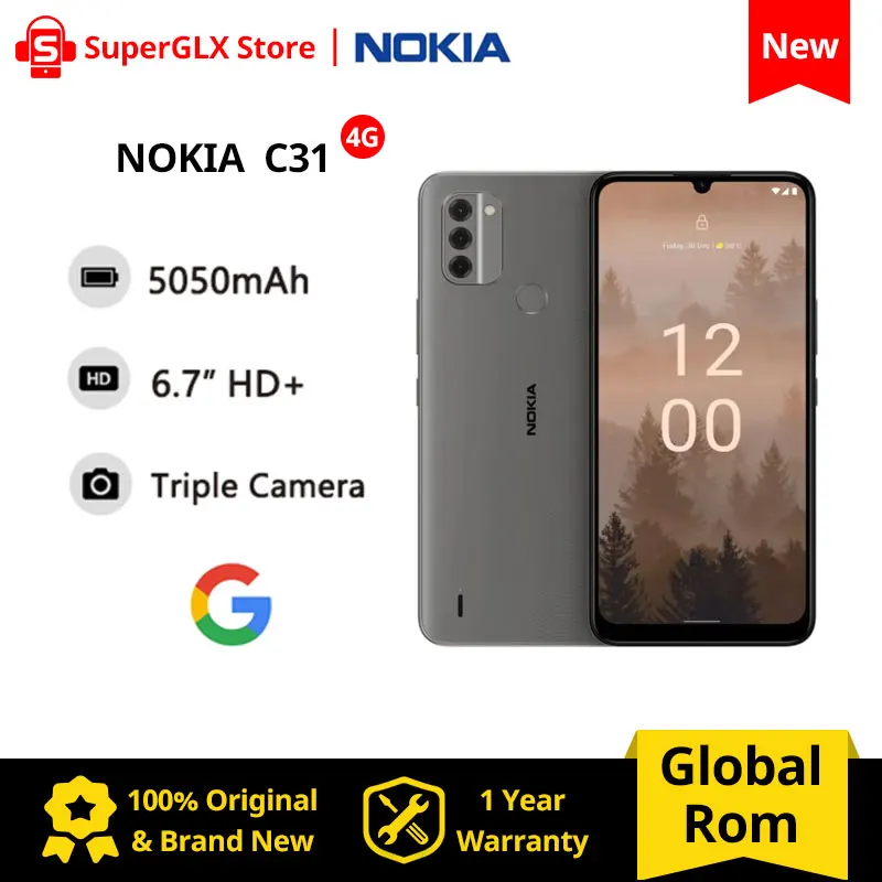 Nuovo Originale Nokia C31 4G 6.74 Pollici Hd + Display 4Gb Ram 64/128Gb Rom 13Mp Tripla Fotocamera Dual Sim 5050Mah Batteria Android 12