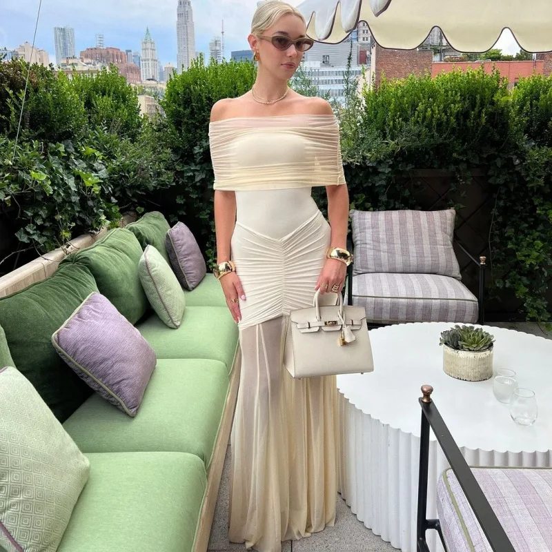 Autumn Mesh 2 Piece-Set Long Dress Women Off-Shoulder Pleated Elegant Bandeau Dress See-Through Female Maxi Dress Outfits