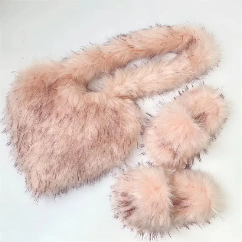 Luxury Fluffy Faux Fur Heart Shape Bag With Slippers For Women Raccoon Brown Teddy Bear Fox Fur Slides Heart Bag Sets Girls