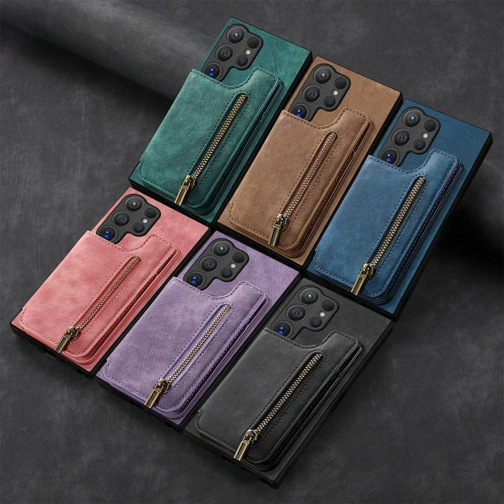 Magnetic Zipper Leather Wallet Phone Case - Premium Protective Cover with Card Slots and Kickstand