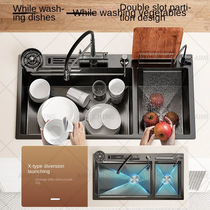Double Sink Stainless Steel Kitchen Sinks With Waterfall Embossed Double Bowl multifunctional Dishwashing Basin