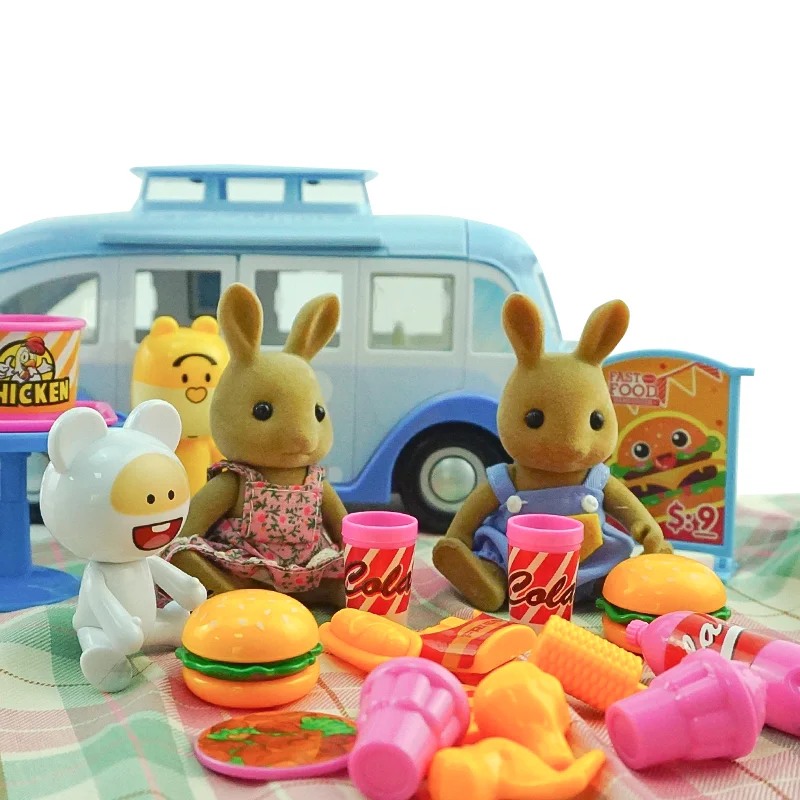Camping Car Kids Picnic Ice Cream RV Set 1:12 Forest Animal Family Dolls Parasol Table Chair Stickers Suit Pink Children Toys 5