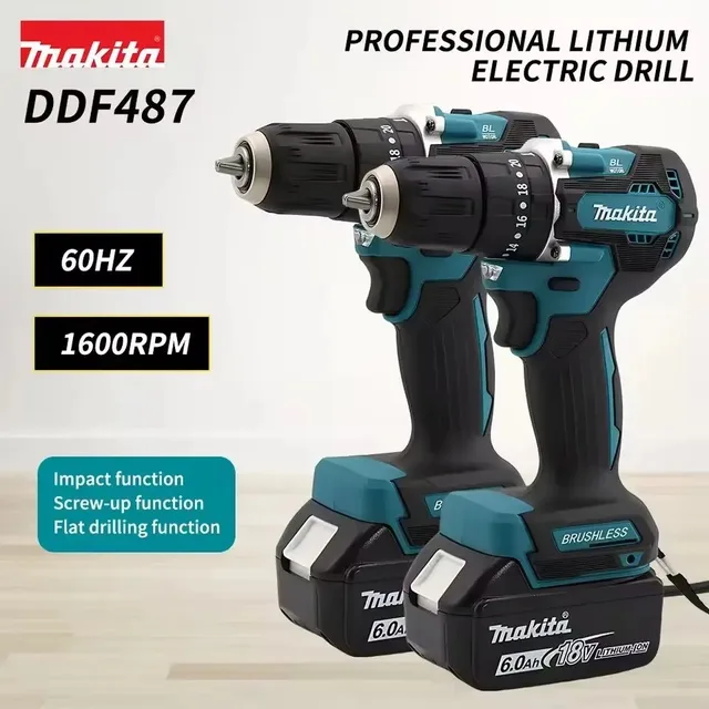 Perceuse à percussion sans fil Makita DDF487 rouge et noire, 18V lithium-ion, haute puissance, visseuse électrique. 1