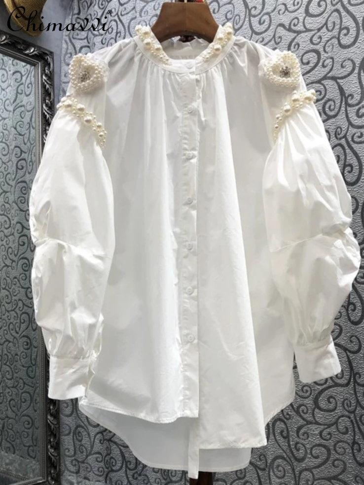 

Рубашка женская с тяжелыми бусинами и рукавами-фонариками, весна-осень 2024, модная теплая свободная облегающая блузка с длинным рукавом, элегантные женские топы