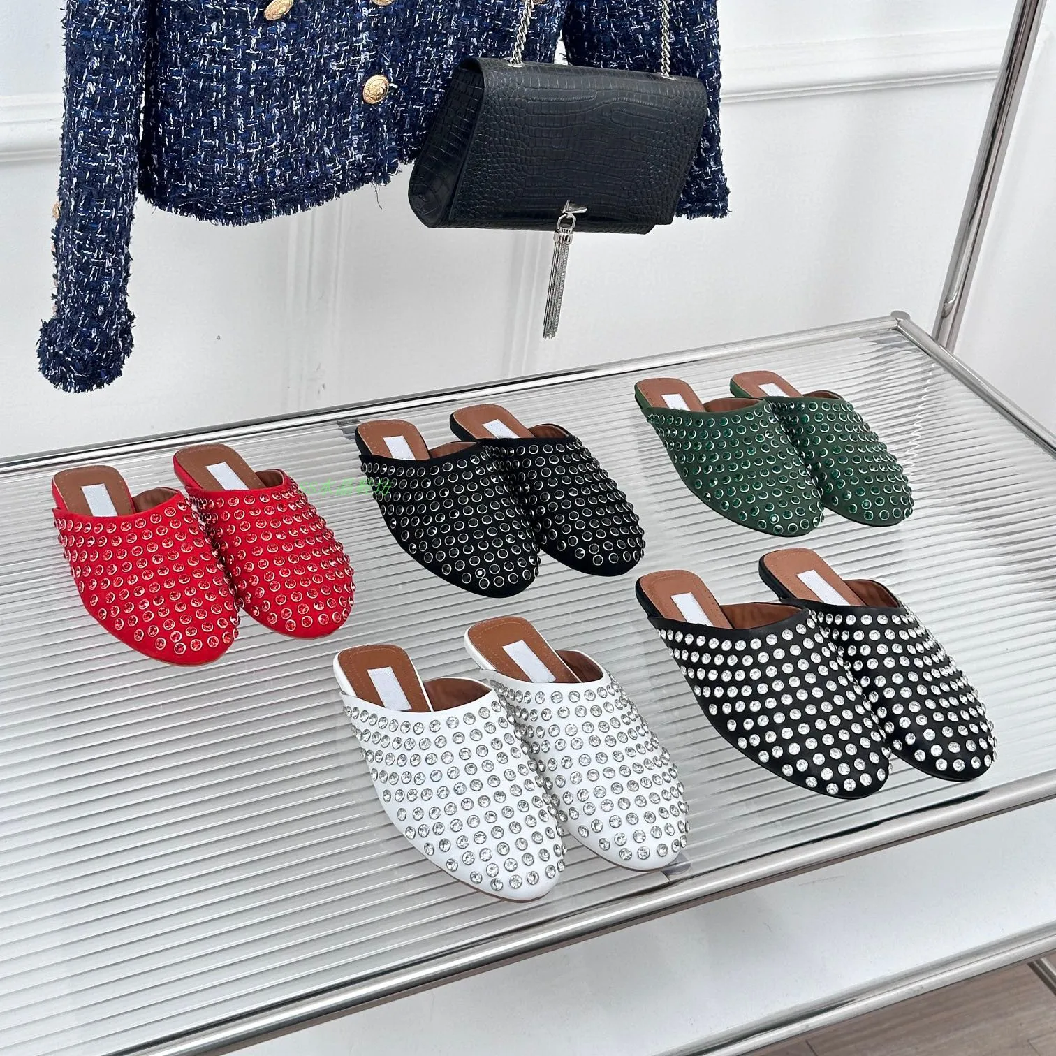 

Мюли из шкуры ягненка со стразами, кожаные модные туфли без задника, с кристаллами, на плоской подошве, модная женская обувь