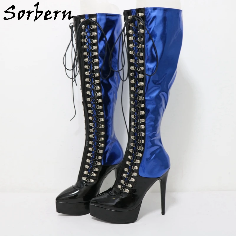 

Sorbern Metallic Blue Knee High Women Boots Double Lace Up Stilettos High Heel Pointed Toes Unisex Style Shoes Custom Wide Leg