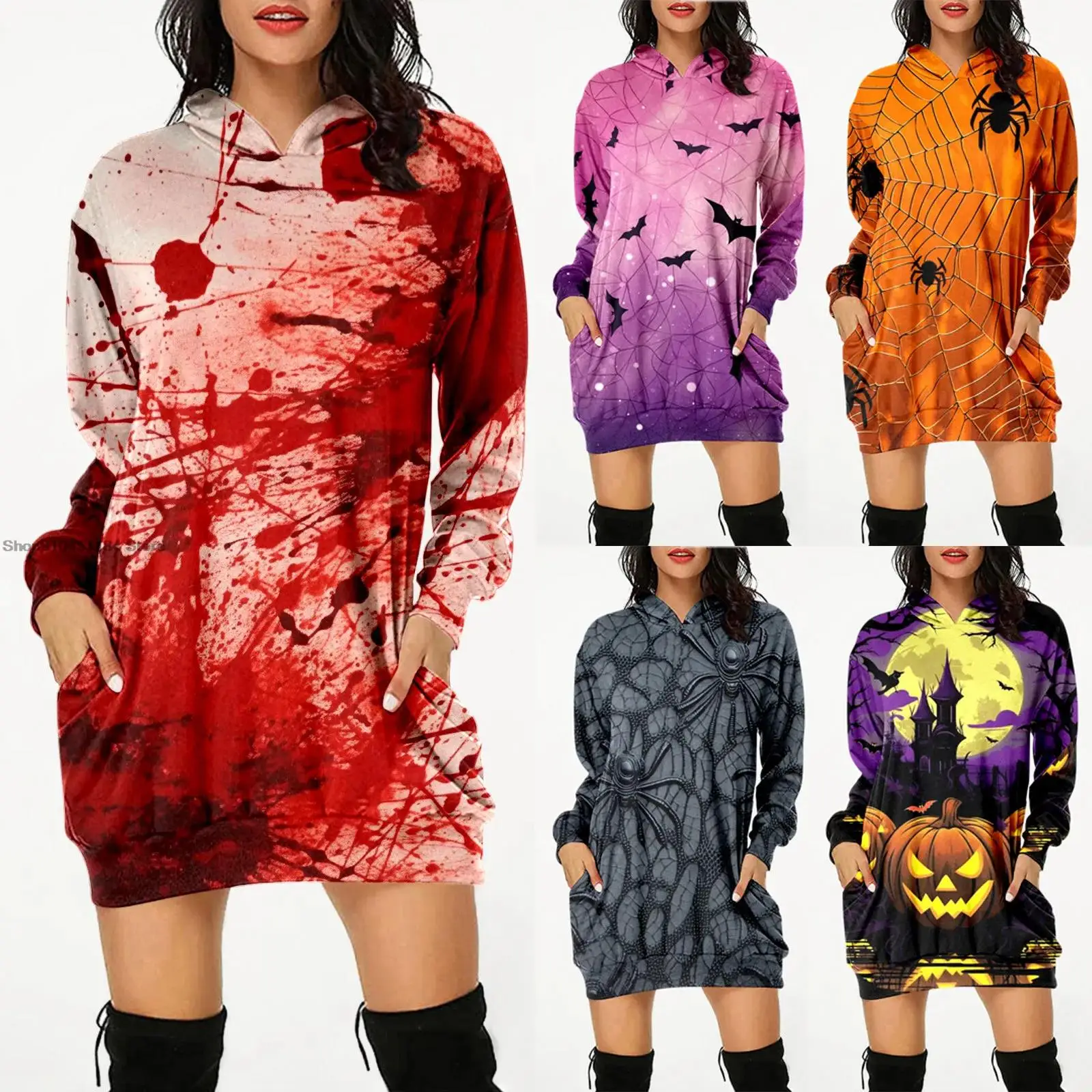 

Vintage Halloween Printed Hooded Dress Women's Long Sleeve Sweatshirt Daily Workout Hoodies Pullover Autumn Winter Loose Tees