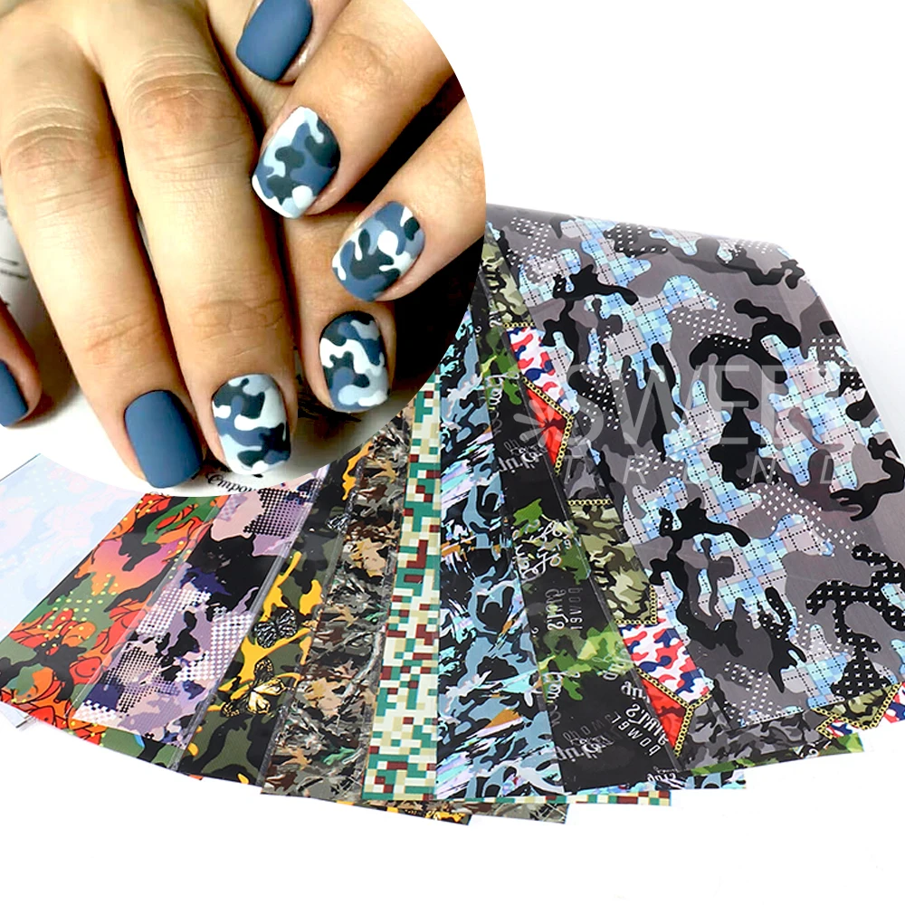 10pcs/set Camouflage Leopard Nail Transfer Foils Starry Sky Stickers Green Manicure Decal Full Wraps Nail Decorations Slider