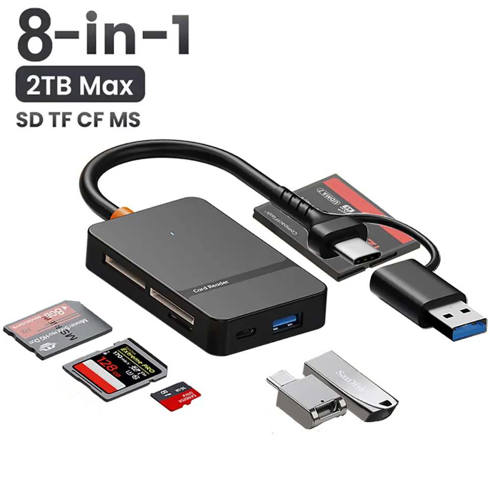 USB C 8-in-1 Card Reader Multi-functional Card Reader Support SD/TF/CF/MS Card Read 5Gbps Write Read U Disk Flash Card Adapter image 1