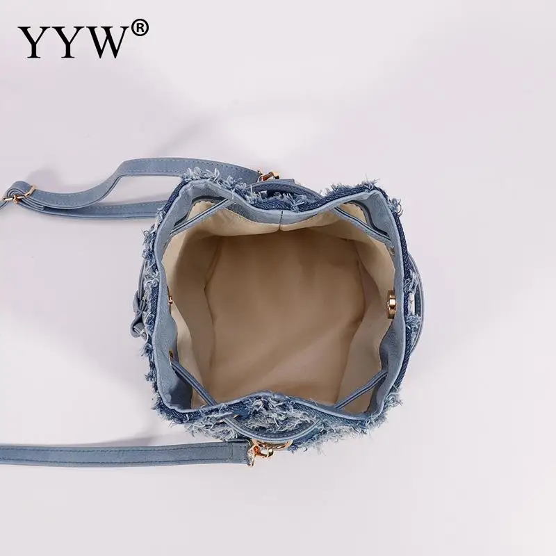Casual New Fashion Tassel Handbag Bucket Bag Quality Retro Design Denim Bag For Women Denim Clutch Chain Shoulder Crossbody Bag