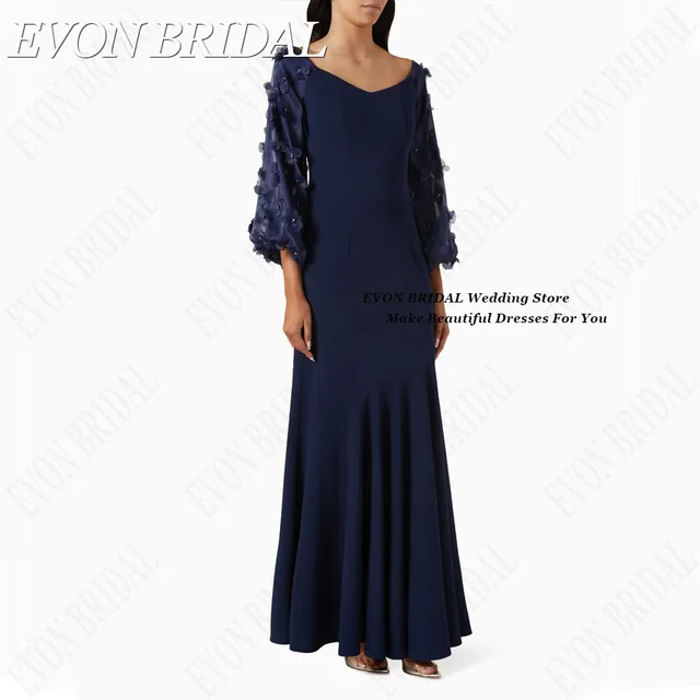 EVON BRIDAL Flowers Celebrity Dresses V-Neck Satin Mermaid Celebrity Red Carpet Dresses Formal Evening Gowns Puff Sleeves 1