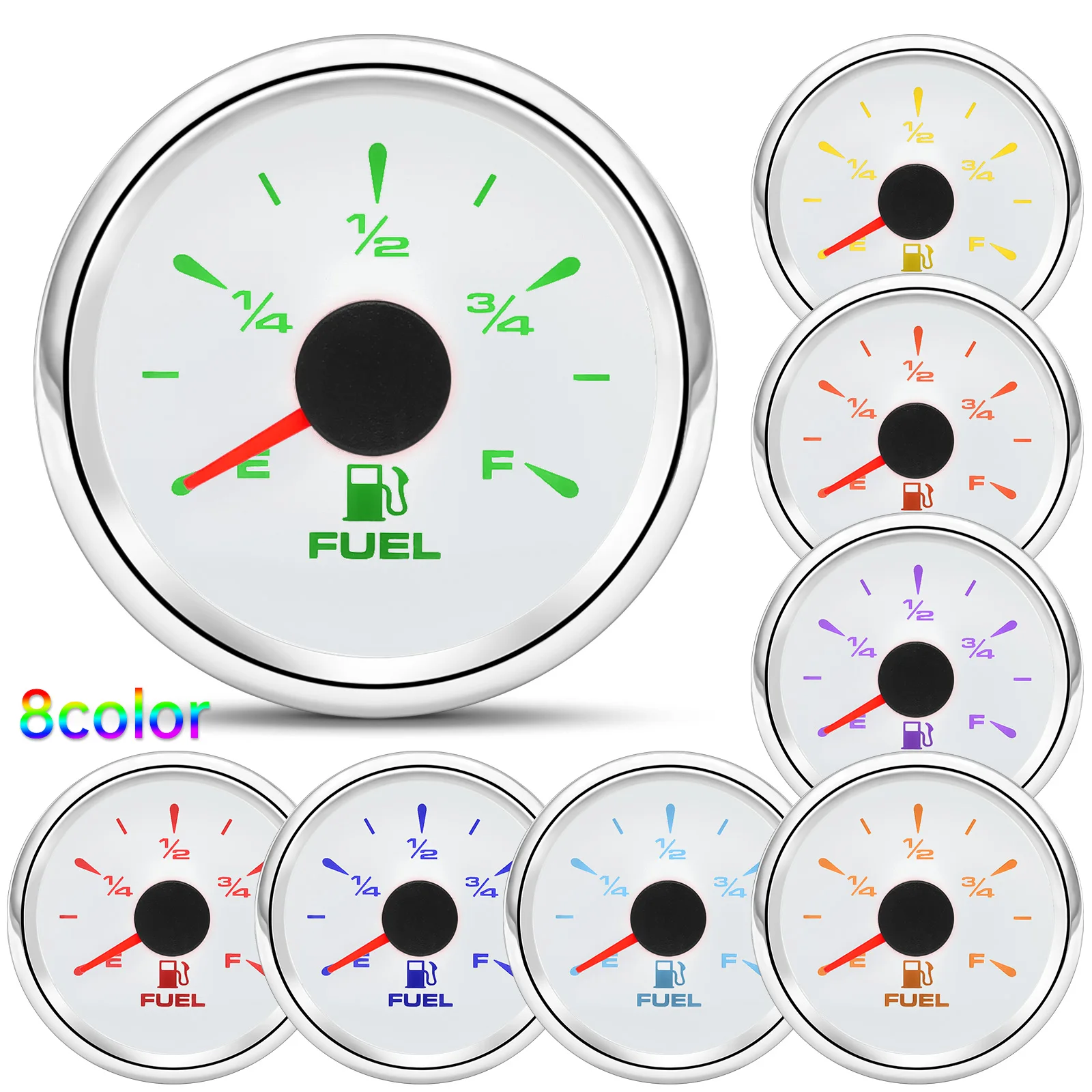 0-90ohm 52mm Fuel Level Gauge 8 Color BackLight for Oil Tank Level Float Sensor 0-90 ohm Car Boat Marine Yacht 12V