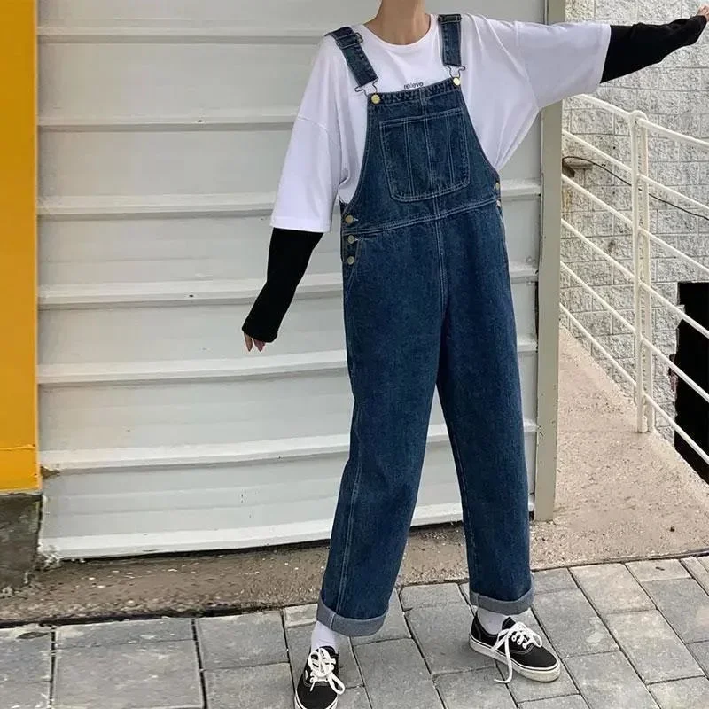 한국어 느슨한 데님 오버올 여성 봄 가을 스트레이트 와이드 레그 청바지 빈티지 멜빵 Maxi Baggy Jumpsuits 남성 여성 S-5XL