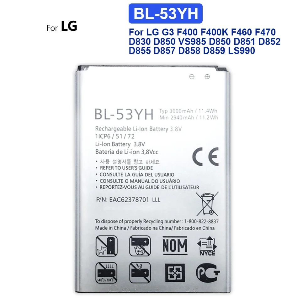 Bl-53Yh Batteria Del Telefono Per Lg, G3, Vs985, D859, D858, D857, D855, D851, D850, D830, F470, F460, F400, F400L, 3000Mah