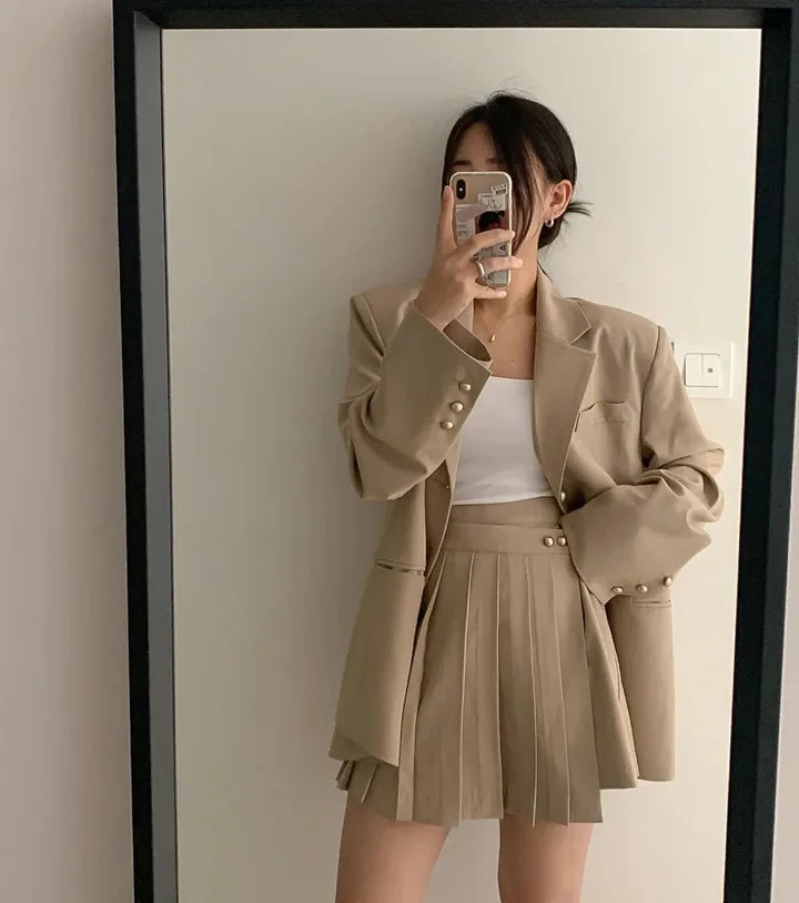 Korean Chic Two-piece Skirt Set Women Single Breasted Blazer Loose Jacket Solid Pleated Mini Skirt Autumn Office Lady Outfits