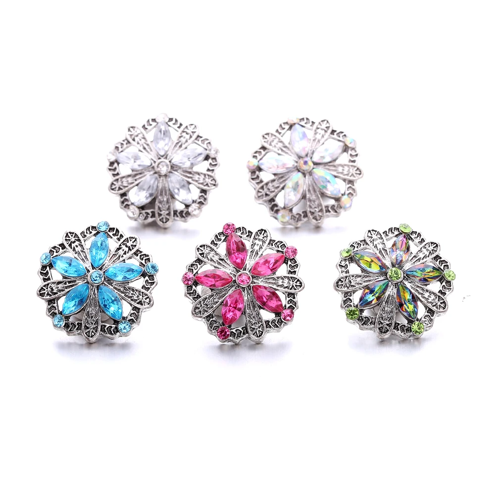 20pcs Rhinestone Flower 18mm Snap Buttons Fit 18mm Snap Bracelets Bangles Snaps Jewelry